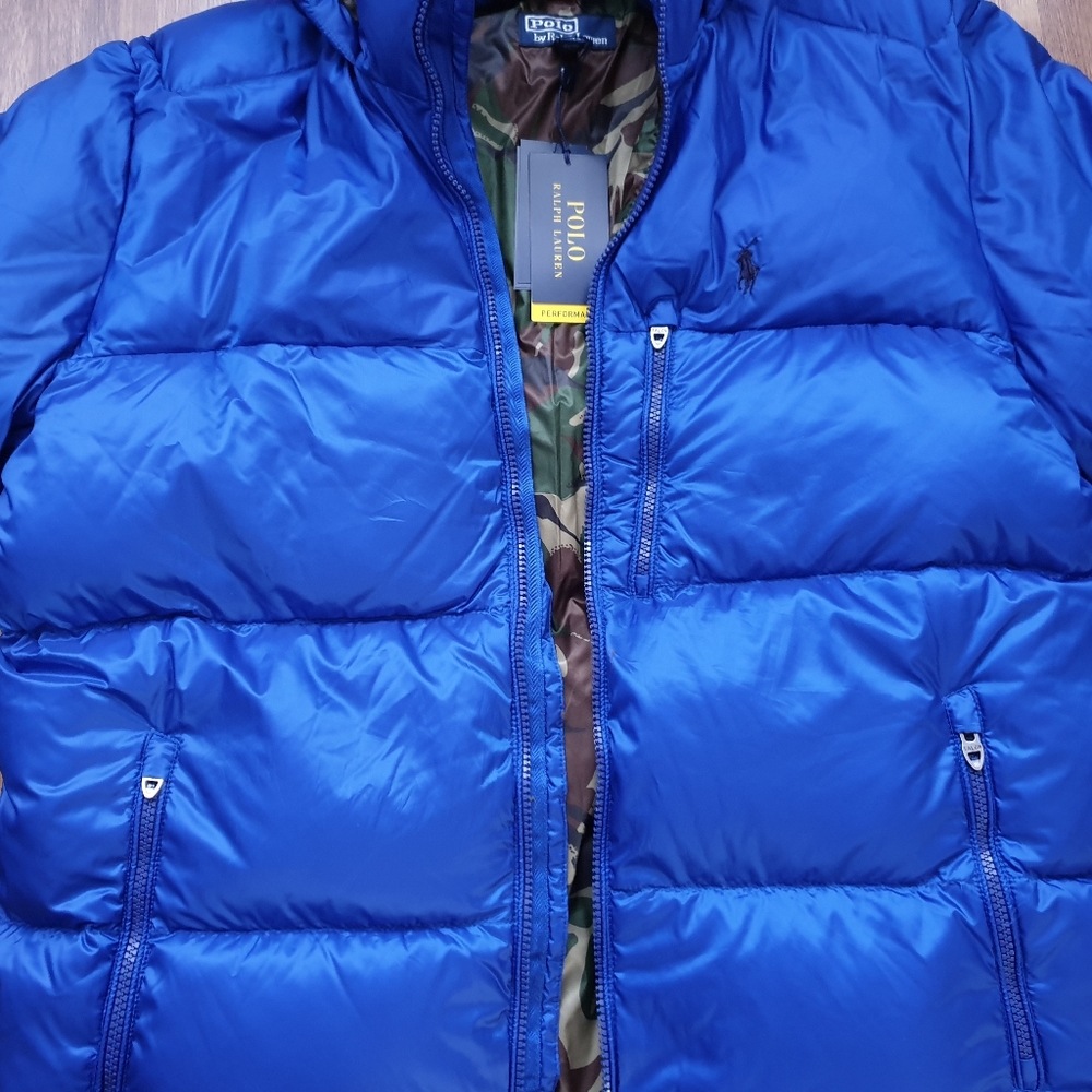 Polo Ralph Lauren Hooded Down Jacket Sportsmen 750 Fill Blue/Camo Sherpa Hood - Picture 2 of 12
